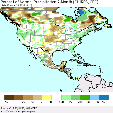 North America Percent of Normal Precipitation 2-Month (CHIRPS) Thematic Map For 2/16/2024 - 4/15/2024