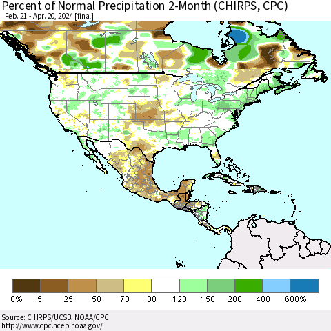 North America Percent of Normal Precipitation 2-Month (CHIRPS) Thematic Map For 2/21/2024 - 4/20/2024