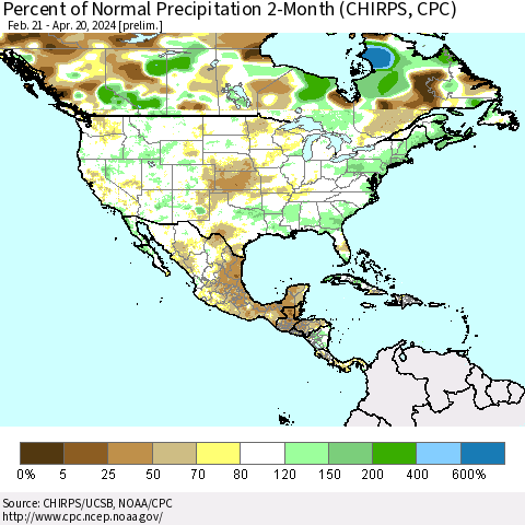 North America Percent of Normal Precipitation 2-Month (CHIRPS) Thematic Map For 2/21/2024 - 4/20/2024