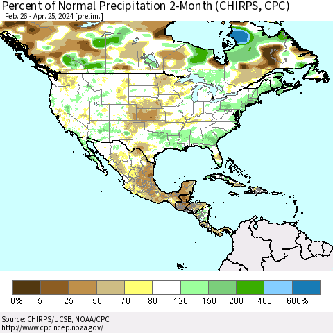 North America Percent of Normal Precipitation 2-Month (CHIRPS) Thematic Map For 2/26/2024 - 4/25/2024