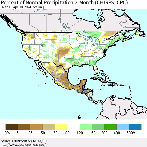 North America Percent of Normal Precipitation 2-Month (CHIRPS) Thematic Map For 3/1/2024 - 4/30/2024