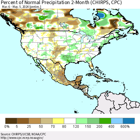 North America Percent of Normal Precipitation 2-Month (CHIRPS) Thematic Map For 3/6/2024 - 5/5/2024