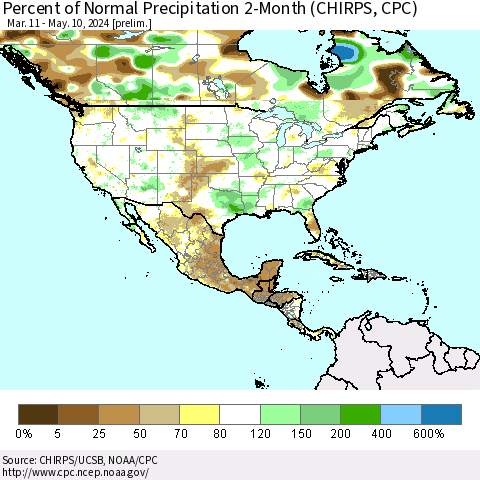 North America Percent of Normal Precipitation 2-Month (CHIRPS) Thematic Map For 3/11/2024 - 5/10/2024