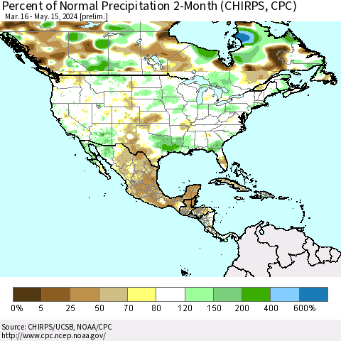 North America Percent of Normal Precipitation 2-Month (CHIRPS) Thematic Map For 3/16/2024 - 5/15/2024