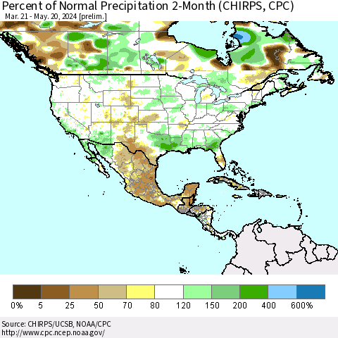North America Percent of Normal Precipitation 2-Month (CHIRPS) Thematic Map For 3/21/2024 - 5/20/2024