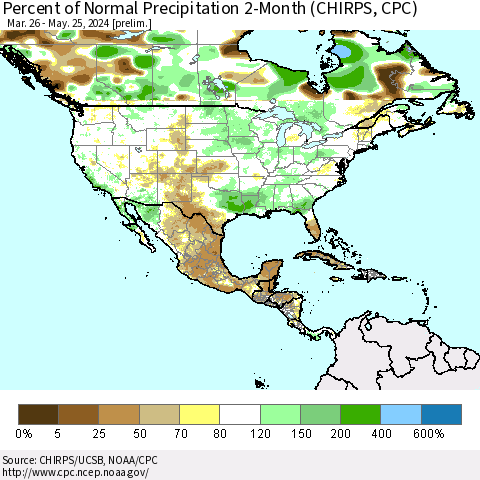 North America Percent of Normal Precipitation 2-Month (CHIRPS) Thematic Map For 3/26/2024 - 5/25/2024