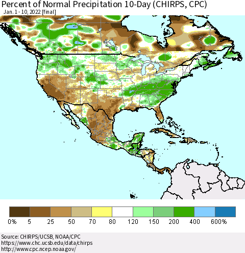 North America Percent of Normal Precipitation 10-Day (CHIRPS) Thematic Map For 1/1/2022 - 1/10/2022