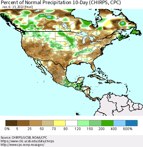 North America Percent of Normal Precipitation 10-Day (CHIRPS) Thematic Map For 1/6/2022 - 1/15/2022