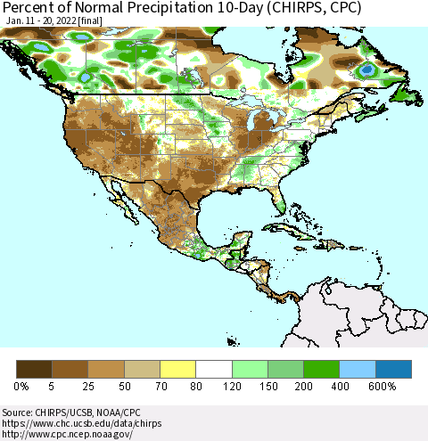 North America Percent of Normal Precipitation 10-Day (CHIRPS) Thematic Map For 1/11/2022 - 1/20/2022