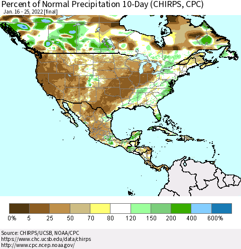 North America Percent of Normal Precipitation 10-Day (CHIRPS) Thematic Map For 1/16/2022 - 1/25/2022