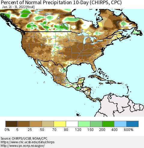North America Percent of Normal Precipitation 10-Day (CHIRPS) Thematic Map For 1/21/2022 - 1/31/2022