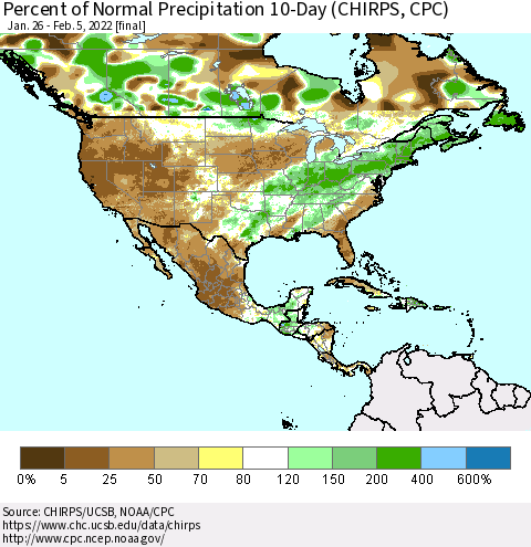 North America Percent of Normal Precipitation 10-Day (CHIRPS) Thematic Map For 1/26/2022 - 2/5/2022