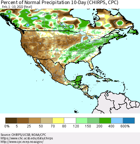 North America Percent of Normal Precipitation 10-Day (CHIRPS) Thematic Map For 2/1/2022 - 2/10/2022