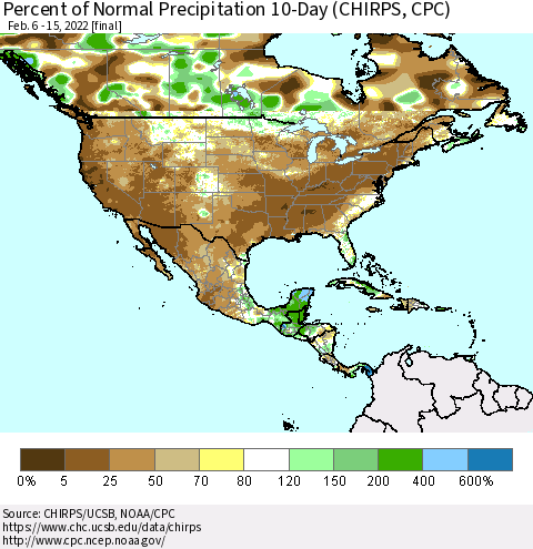 North America Percent of Normal Precipitation 10-Day (CHIRPS) Thematic Map For 2/6/2022 - 2/15/2022