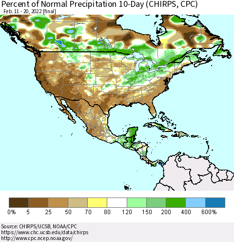 North America Percent of Normal Precipitation 10-Day (CHIRPS) Thematic Map For 2/11/2022 - 2/20/2022
