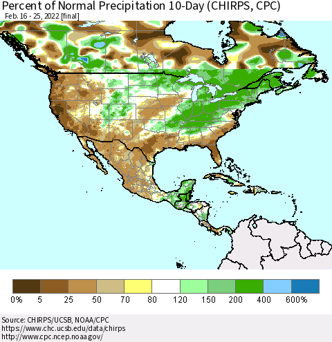 North America Percent of Normal Precipitation 10-Day (CHIRPS) Thematic Map For 2/16/2022 - 2/25/2022