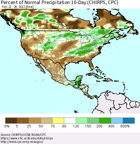 North America Percent of Normal Precipitation 10-Day (CHIRPS) Thematic Map For 2/21/2022 - 2/28/2022