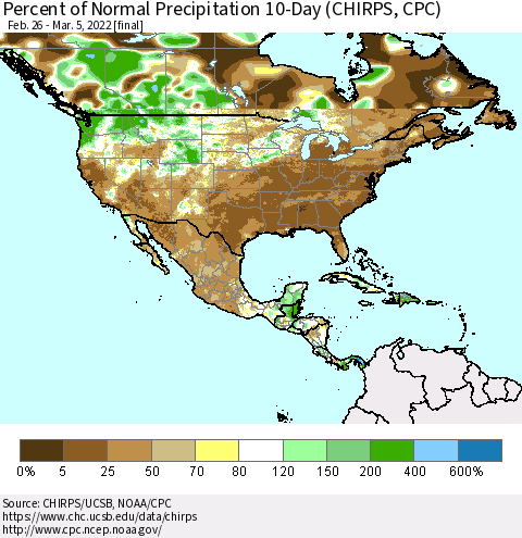 North America Percent of Normal Precipitation 10-Day (CHIRPS) Thematic Map For 2/26/2022 - 3/5/2022