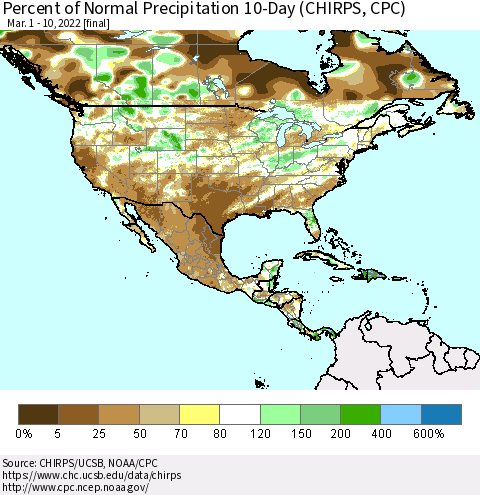 North America Percent of Normal Precipitation 10-Day (CHIRPS) Thematic Map For 3/1/2022 - 3/10/2022