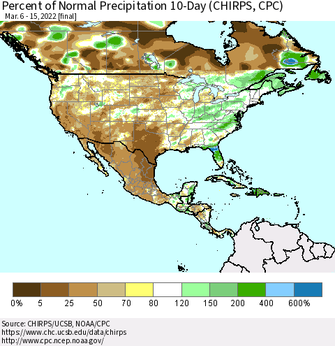 North America Percent of Normal Precipitation 10-Day (CHIRPS) Thematic Map For 3/6/2022 - 3/15/2022