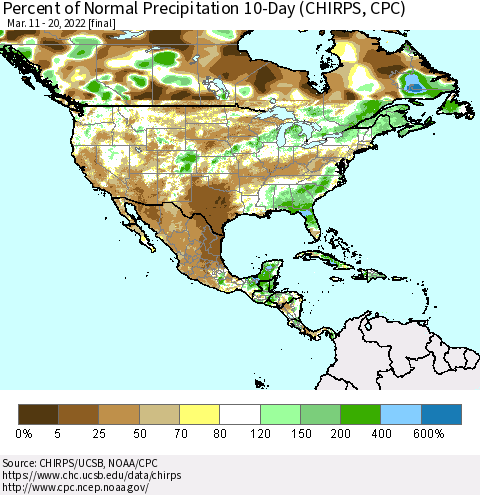North America Percent of Normal Precipitation 10-Day (CHIRPS) Thematic Map For 3/11/2022 - 3/20/2022
