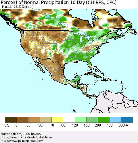 North America Percent of Normal Precipitation 10-Day (CHIRPS) Thematic Map For 3/16/2022 - 3/25/2022