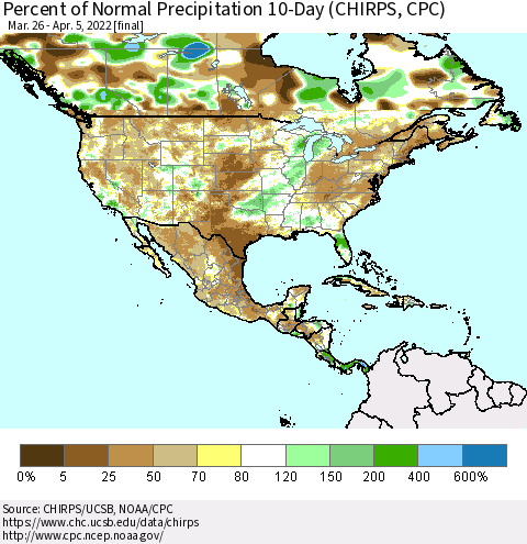North America Percent of Normal Precipitation 10-Day (CHIRPS) Thematic Map For 3/26/2022 - 4/5/2022
