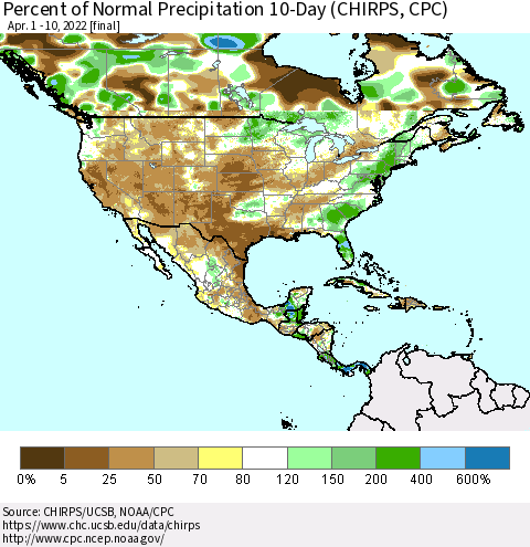 North America Percent of Normal Precipitation 10-Day (CHIRPS) Thematic Map For 4/1/2022 - 4/10/2022