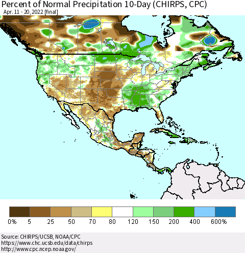North America Percent of Normal Precipitation 10-Day (CHIRPS) Thematic Map For 4/11/2022 - 4/20/2022