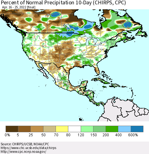 North America Percent of Normal Precipitation 10-Day (CHIRPS) Thematic Map For 4/16/2022 - 4/25/2022