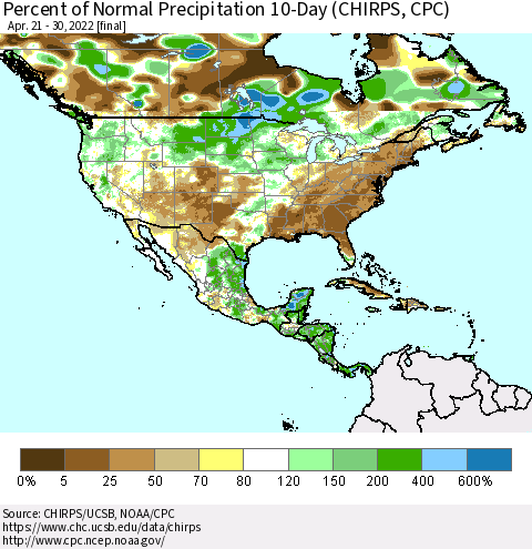 North America Percent of Normal Precipitation 10-Day (CHIRPS) Thematic Map For 4/21/2022 - 4/30/2022