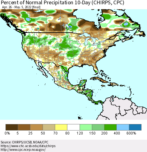 North America Percent of Normal Precipitation 10-Day (CHIRPS) Thematic Map For 4/26/2022 - 5/5/2022