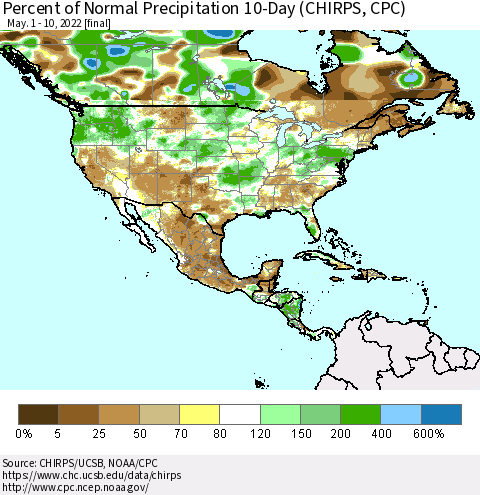 North America Percent of Normal Precipitation 10-Day (CHIRPS) Thematic Map For 5/1/2022 - 5/10/2022