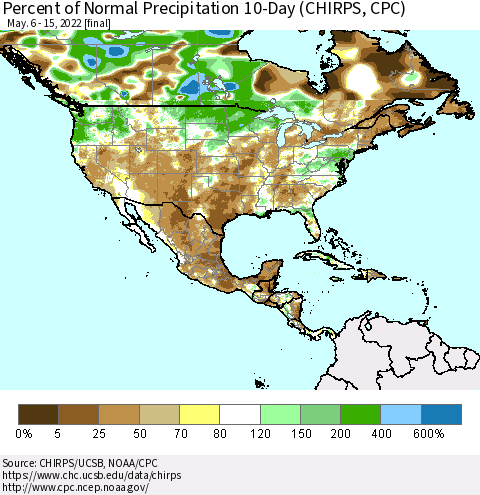 North America Percent of Normal Precipitation 10-Day (CHIRPS) Thematic Map For 5/6/2022 - 5/15/2022