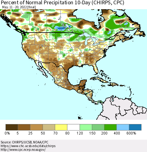 North America Percent of Normal Precipitation 10-Day (CHIRPS) Thematic Map For 5/11/2022 - 5/20/2022