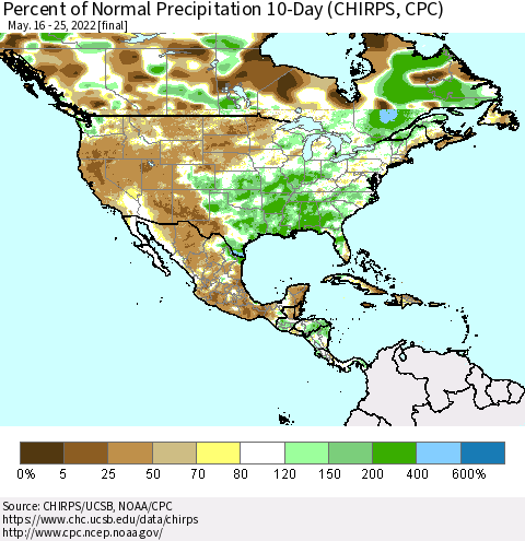 North America Percent of Normal Precipitation 10-Day (CHIRPS) Thematic Map For 5/16/2022 - 5/25/2022