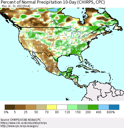 North America Percent of Normal Precipitation 10-Day (CHIRPS) Thematic Map For 5/21/2022 - 5/31/2022