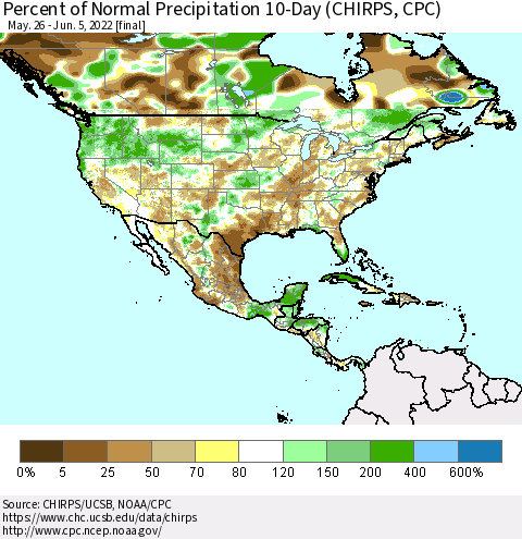 North America Percent of Normal Precipitation 10-Day (CHIRPS) Thematic Map For 5/26/2022 - 6/5/2022