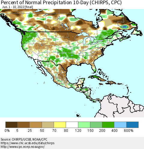 North America Percent of Normal Precipitation 10-Day (CHIRPS) Thematic Map For 6/1/2022 - 6/10/2022
