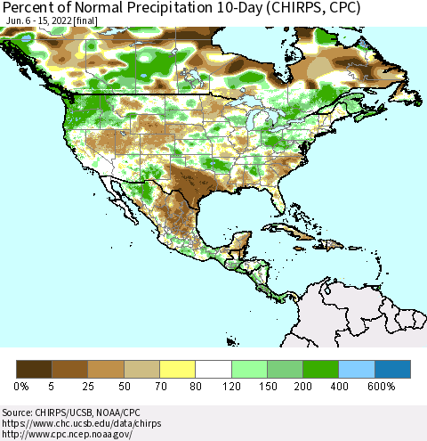 North America Percent of Normal Precipitation 10-Day (CHIRPS) Thematic Map For 6/6/2022 - 6/15/2022
