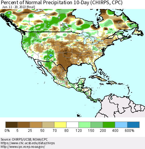 North America Percent of Normal Precipitation 10-Day (CHIRPS) Thematic Map For 6/11/2022 - 6/20/2022