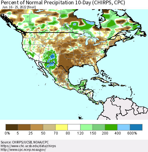 North America Percent of Normal Precipitation 10-Day (CHIRPS) Thematic Map For 6/16/2022 - 6/25/2022