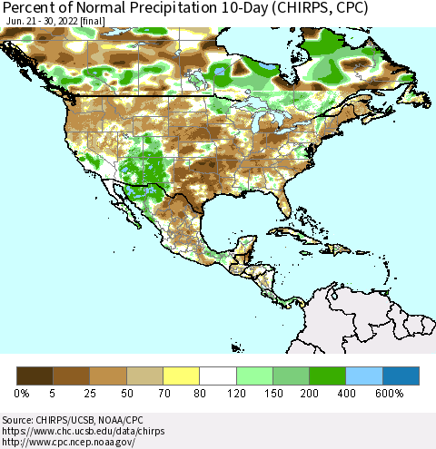 North America Percent of Normal Precipitation 10-Day (CHIRPS) Thematic Map For 6/21/2022 - 6/30/2022