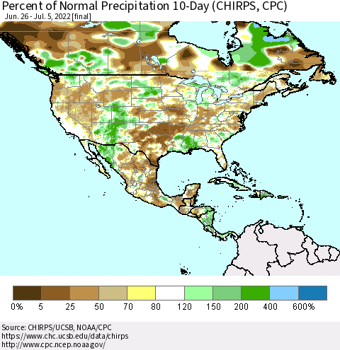 North America Percent of Normal Precipitation 10-Day (CHIRPS) Thematic Map For 6/26/2022 - 7/5/2022