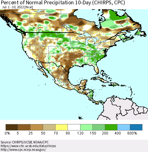 North America Percent of Normal Precipitation 10-Day (CHIRPS) Thematic Map For 7/1/2022 - 7/10/2022