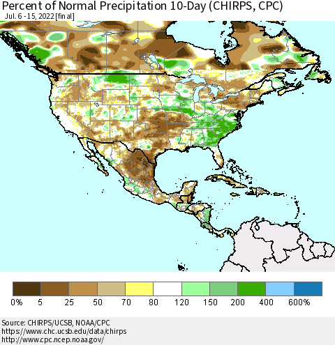North America Percent of Normal Precipitation 10-Day (CHIRPS) Thematic Map For 7/6/2022 - 7/15/2022