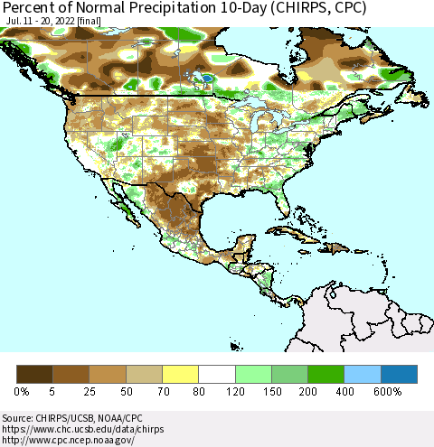 North America Percent of Normal Precipitation 10-Day (CHIRPS) Thematic Map For 7/11/2022 - 7/20/2022