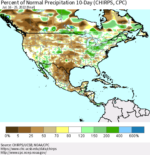 North America Percent of Normal Precipitation 10-Day (CHIRPS) Thematic Map For 7/16/2022 - 7/25/2022