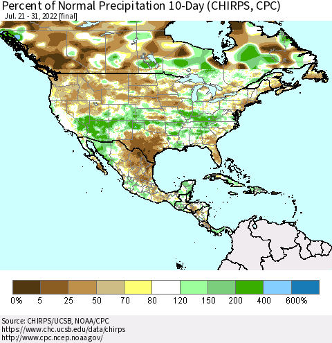 North America Percent of Normal Precipitation 10-Day (CHIRPS) Thematic Map For 7/21/2022 - 7/31/2022
