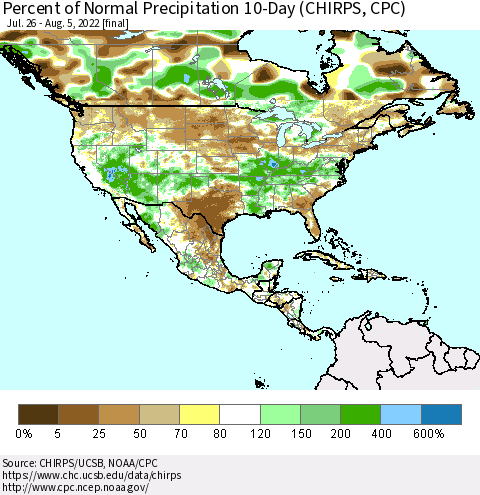 North America Percent of Normal Precipitation 10-Day (CHIRPS) Thematic Map For 7/26/2022 - 8/5/2022